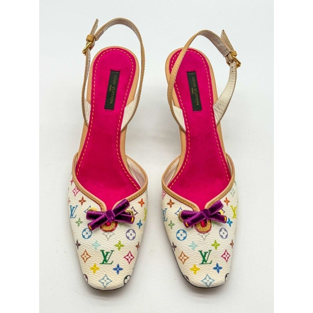 Louis Vuitton Takashi Murakami Vintage White Monogram Slingback Heels EU 38 US 8 - Picture 2 of 14